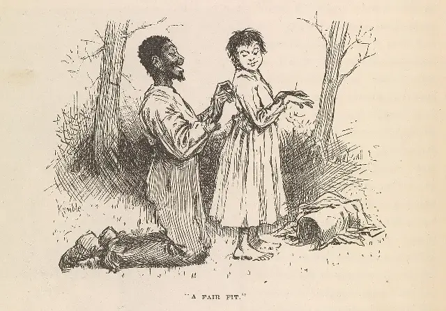 E. W. Kemble's 1884 illustration 'A Fair Fit' showing Jim and Huck from the first edition of Adventures of Huckleberry Finn