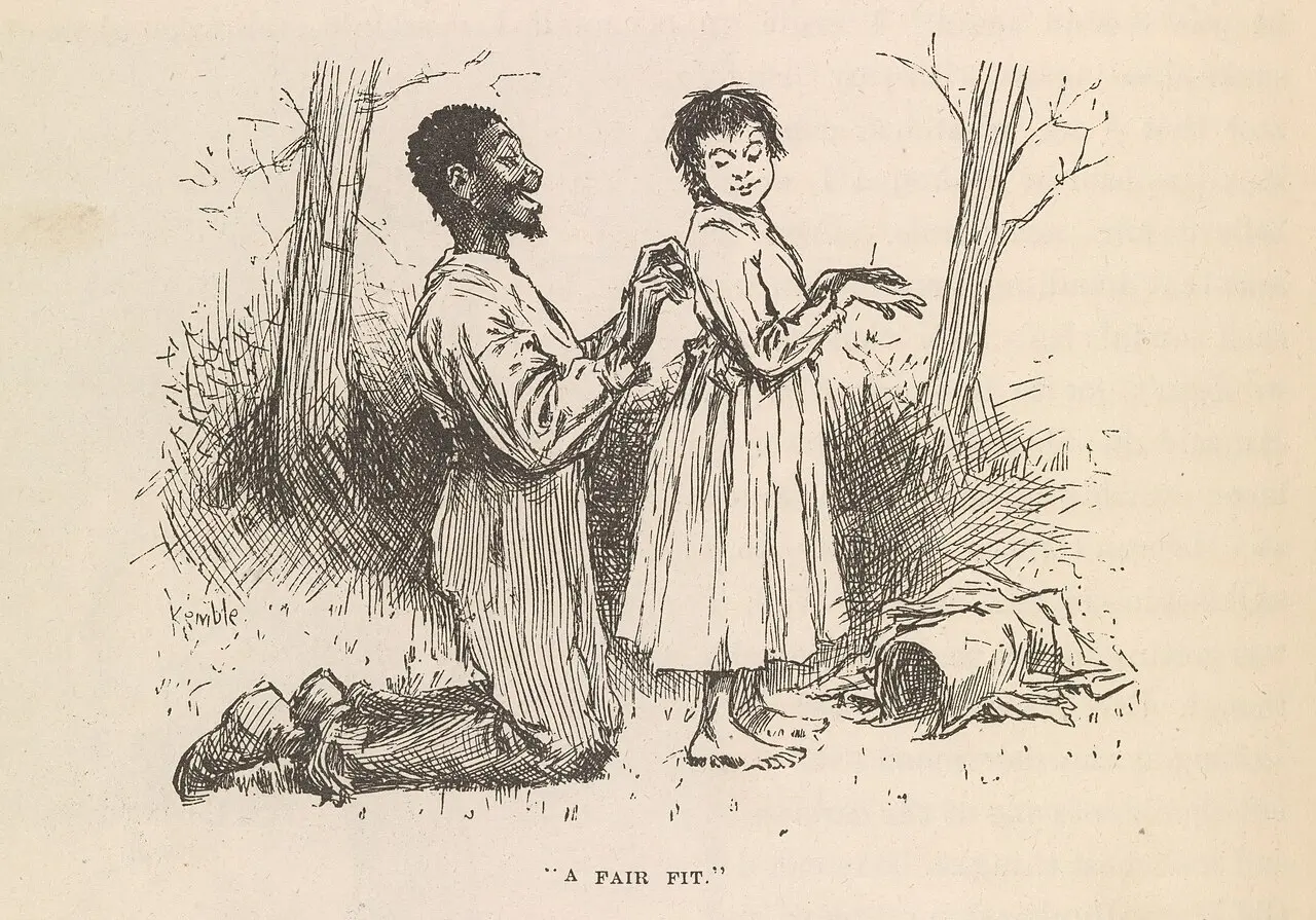 E. W. Kemble's 1884 illustration 'A Fair Fit' showing Jim and Huck from the first edition of Adventures of Huckleberry Finn