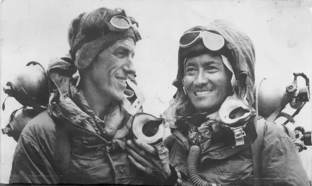 Edmund Hillary and Tenzing Norgay on May 29, 1953, after completing the first confirmed ascent of Mount Everest (expedition photograph; small original image).