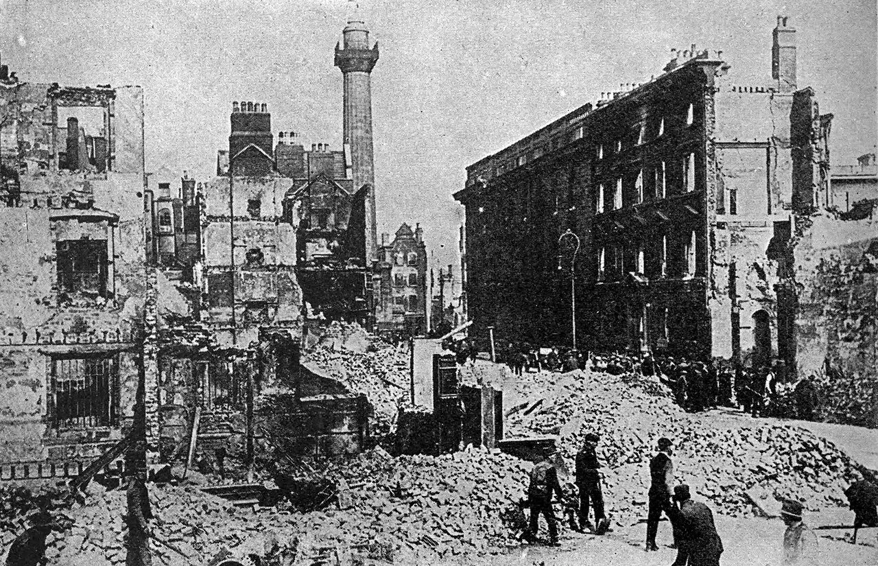 Ruined buildings on Sackville Street (now O'Connell Street), Dublin, photographed in the aftermath of the 1916 Easter Rising.