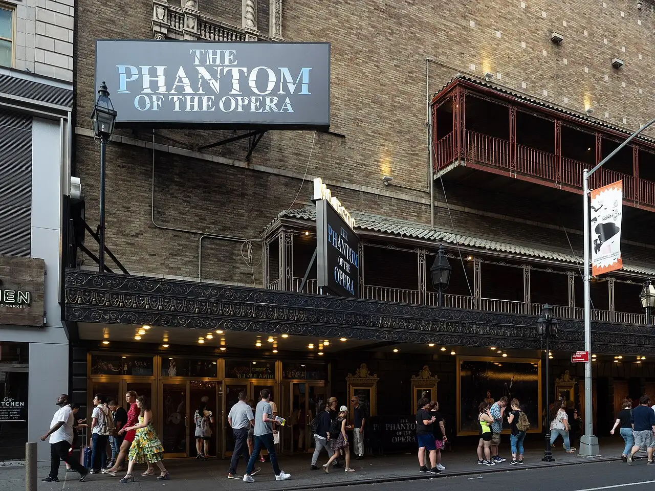 The Majestic Theatre in New York with its marquee for The Phantom of the Opera (modern photo).