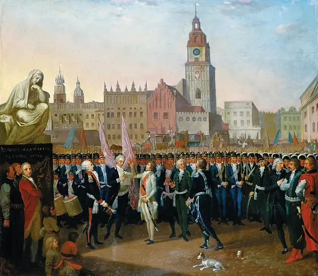 1797 painting by Franciszek Smuglewicz of Tadeusz Kościuszko taking the oath in Kraków's market square.