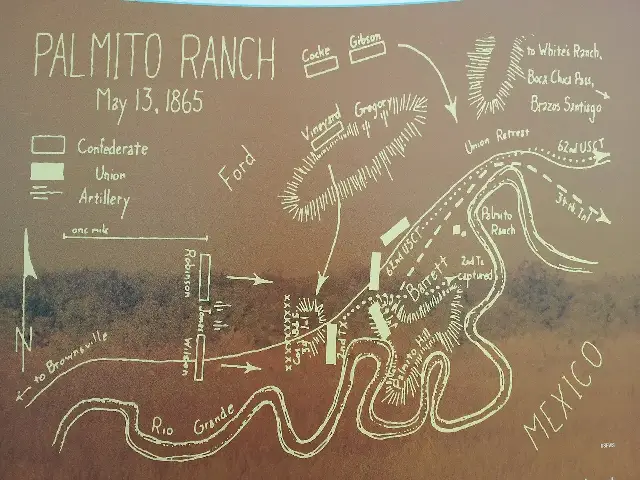 A troop-movement map of the Battle of Palmito Ranch dated May 13, 1865, showing Confederate and Union positions along the Rio Grande.