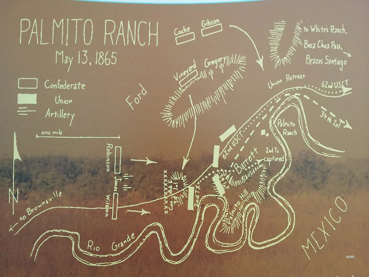 A troop-movement map of the Battle of Palmito Ranch dated May 13, 1865, showing Confederate and Union positions along the Rio Grande.
