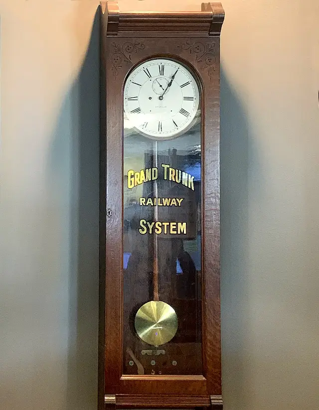 A Grand Trunk Railway station clock — an illustration of the railway clocks that governed the era before standard time, not a clock from November 18, 1883.