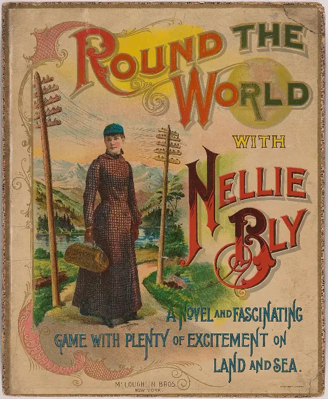 The 1890 illustrated cover of the 'Round the World with Nellie Bly' board game, an artist's illustration (not a photograph) showing Bly in her checked travel coat and cap, holding her grip bag beneath telegraph poles.
