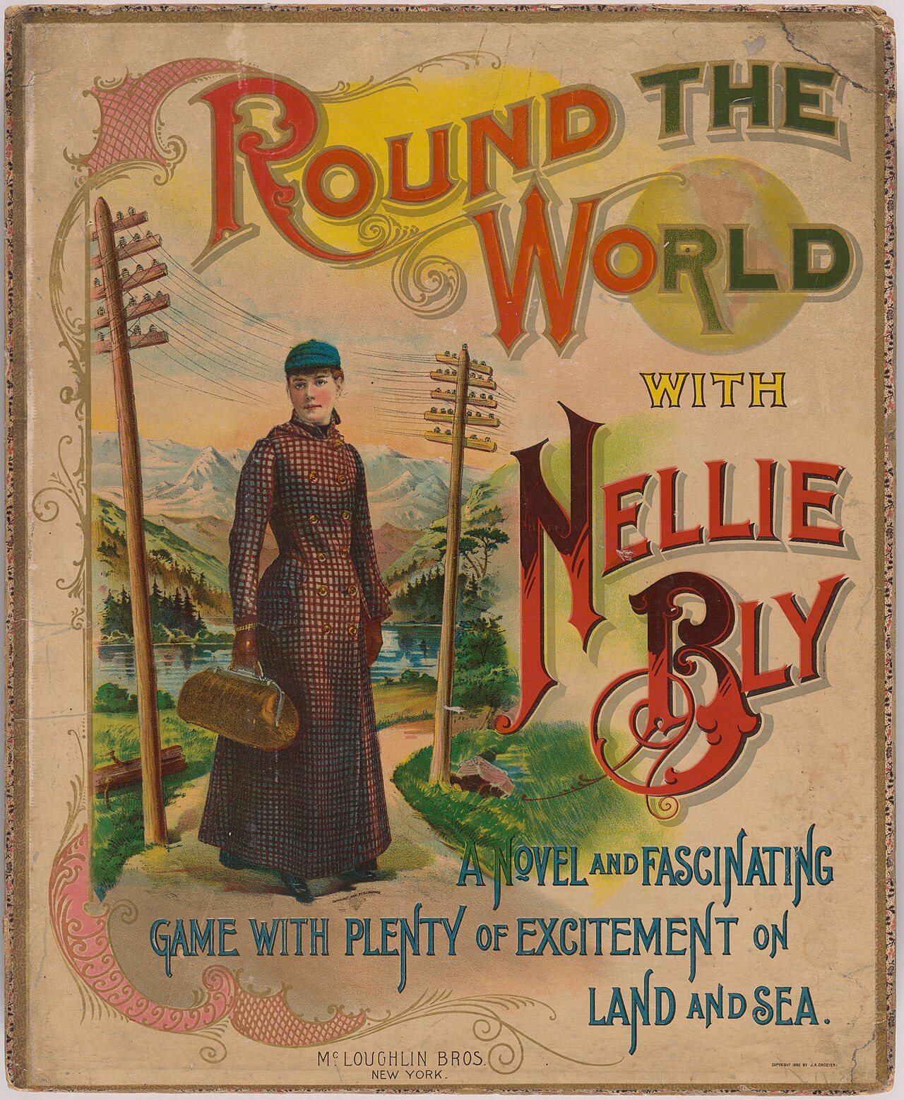 The 1890 illustrated cover of the 'Round the World with Nellie Bly' board game, an artist's illustration (not a photograph) showing Bly in her checked travel coat and cap, holding her grip bag beneath telegraph poles.
