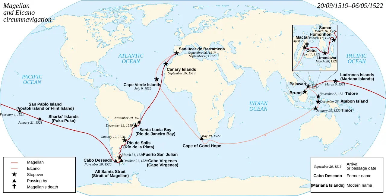 Map of the Magellan–Elcano circumnavigation route, 1519–1522, marking Homonhon on March 16, 1521