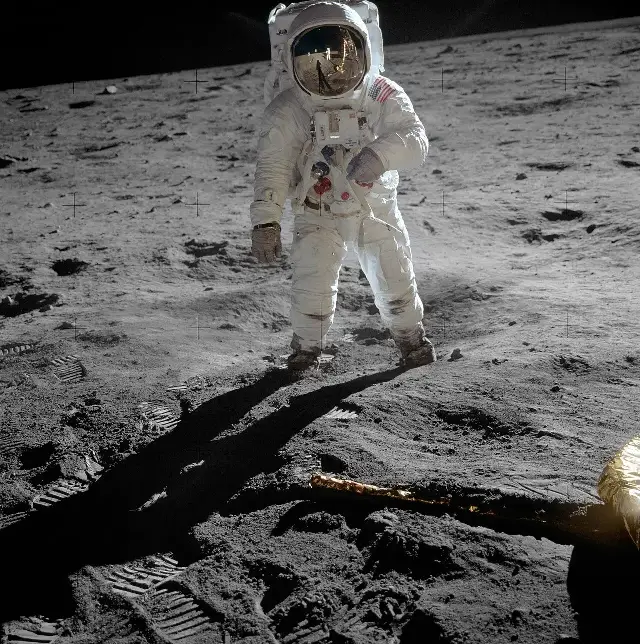 Astronaut Buzz Aldrin standing on the Moon during Apollo 11, photographed by Neil Armstrong in 1969 — the kind of moon-landing footage MTV's launch broadcast opened with.
