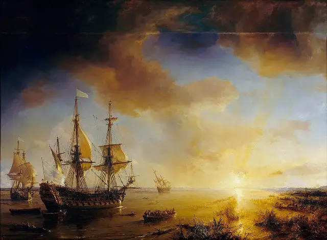 Théodore Gudin's painting of La Salle's ships arriving at Matagorda Bay in 1684, with tall ships anchored at sunset.