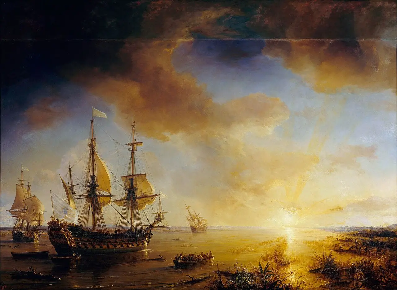 Théodore Gudin's painting of La Salle's ships arriving at Matagorda Bay in 1684, with tall ships anchored at sunset.