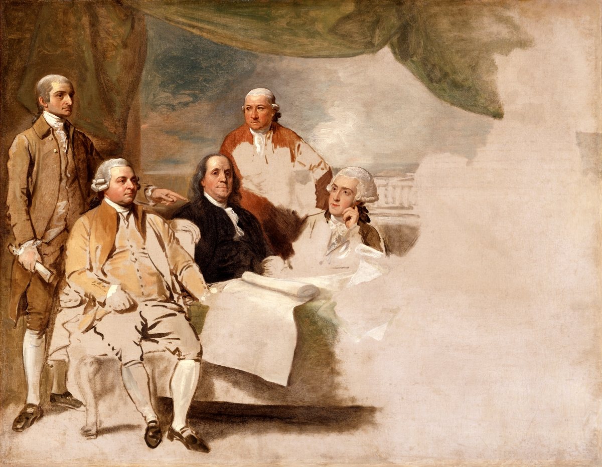 Benjamin West's 1783 painting of the American commissioners who negotiated the peace; he left the canvas unfinished because the British negotiators refused to sit for him.