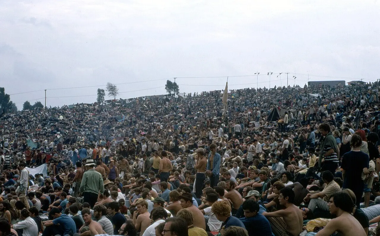The crowd at the Woodstock festival, photographed by an attendee on August 16, 1969 (illustrative of the festival scene).