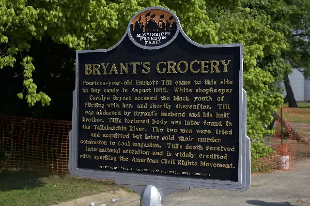 The Mississippi Freedom Trail marker at the site of Bryant's Grocery in Money, Mississippi, where Emmett Till's encounter with Carolyn Bryant took place days before his abduction.