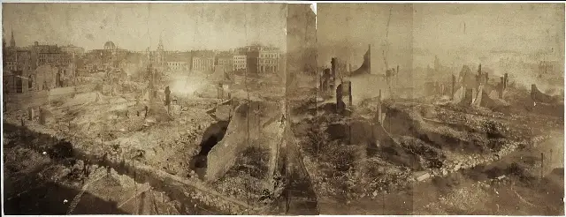 A panoramic photograph of the ruins of downtown Boston after the Great Fire of November 9–10, 1872, which destroyed 776 buildings.