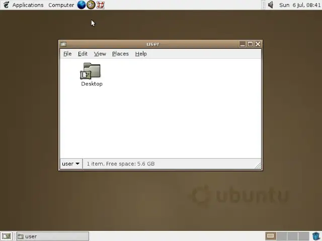 Screenshot of the Ubuntu 4.10 Warty Warthog desktop with its brown theme, top panel, and open windows.