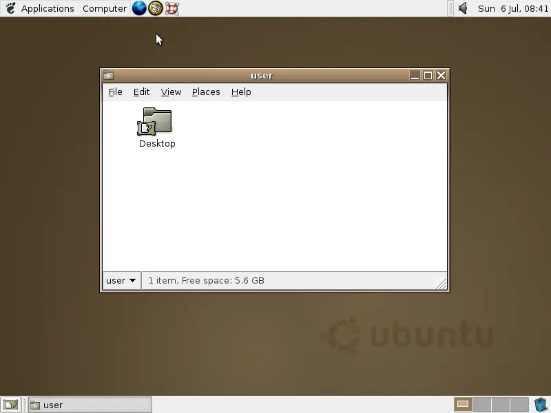 Screenshot of the Ubuntu 4.10 Warty Warthog desktop with its brown theme, top panel, and open windows.