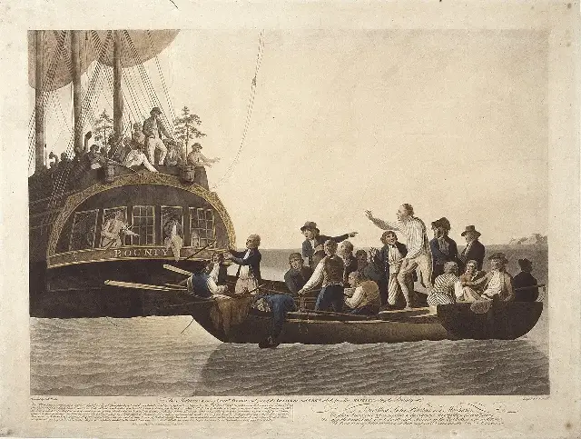 Illustrative: Robert Dodd's 1790 hand-colored engraving depicting the mutineers casting Lieutenant Bligh and loyal crew adrift from HMS Bounty — an artist's reconstruction, not an eyewitness sketch.
