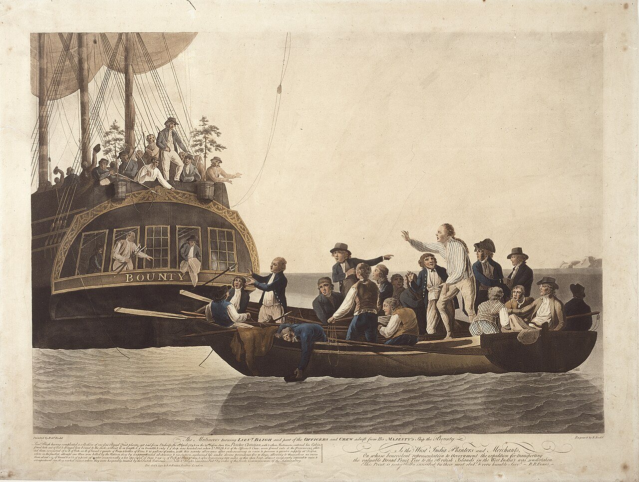 Illustrative: Robert Dodd's 1790 hand-colored engraving depicting the mutineers casting Lieutenant Bligh and loyal crew adrift from HMS Bounty — an artist's reconstruction, not an eyewitness sketch.