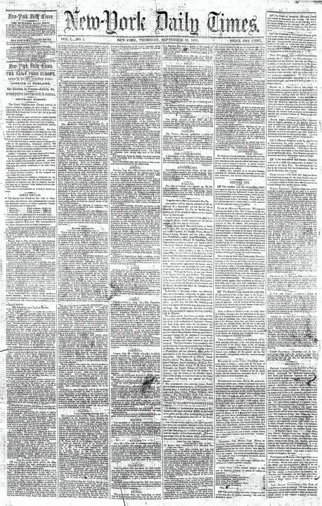 Front page of the first issue of the New-York Daily Times, published September 18, 1851