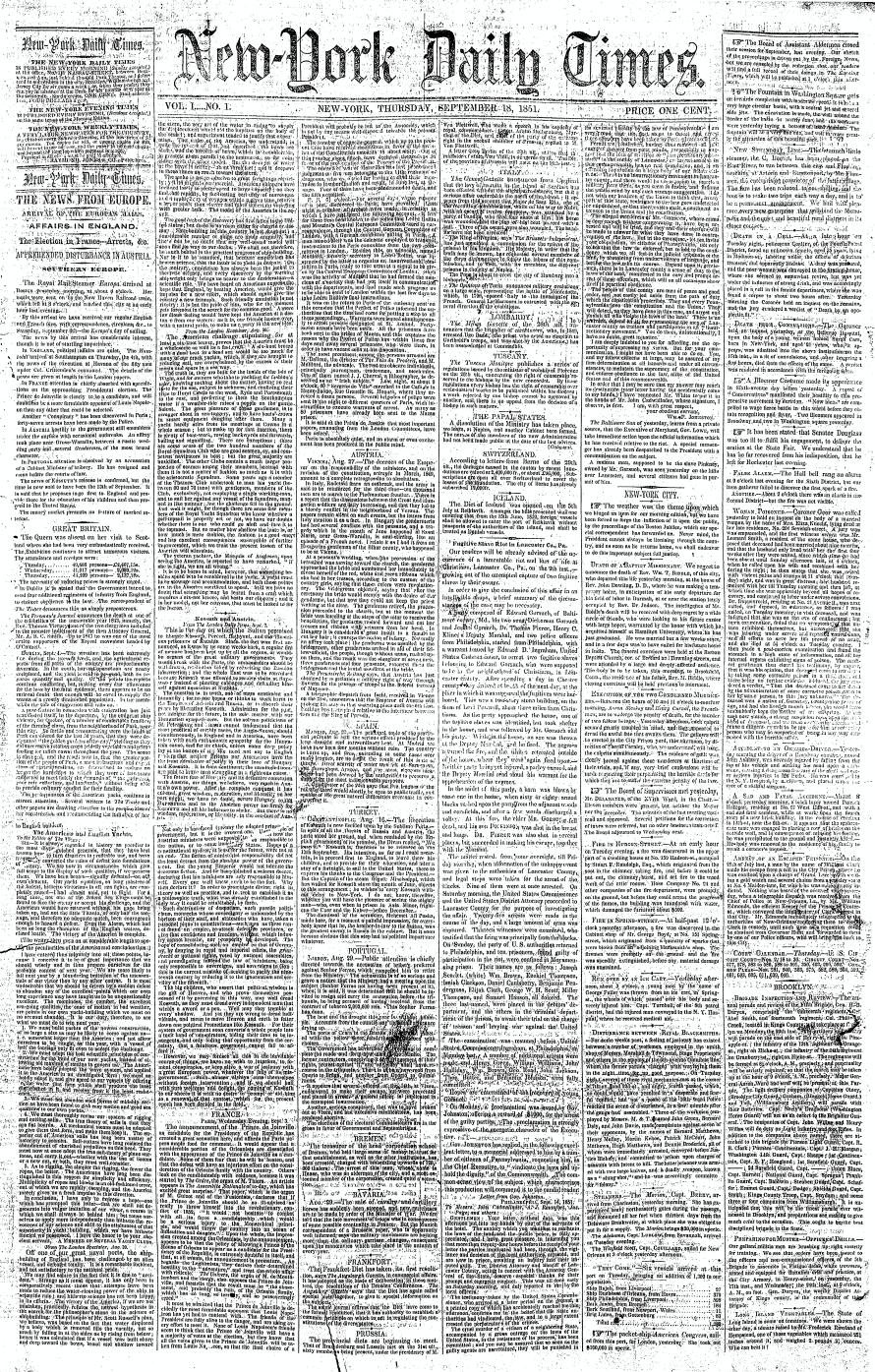 Front page of the first issue of the New-York Daily Times, published September 18, 1851