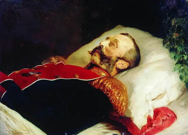 Konstantin Makovsky's 1881 painting of Emperor Alexander II lying on his deathbed after the bombing
