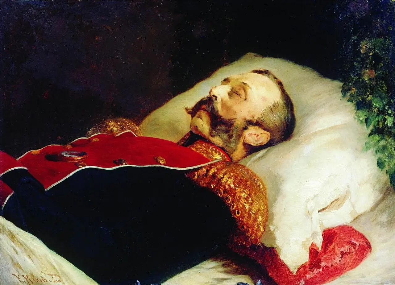 Konstantin Makovsky's 1881 painting of Emperor Alexander II lying on his deathbed after the bombing