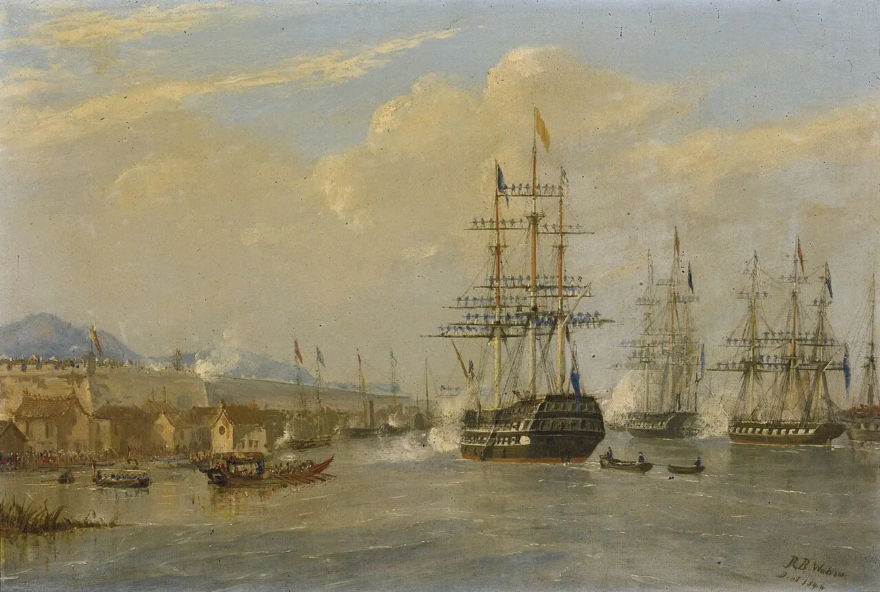 An 1842 painting by Rundle Burges Watson of HMS Cornwallis and the British squadron at Nanking, where the Treaty of Nanking was signed aboard the Cornwallis.