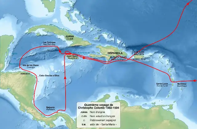 Map of Christopher Columbus's fourth voyage, 1502-1504 (French-language map).