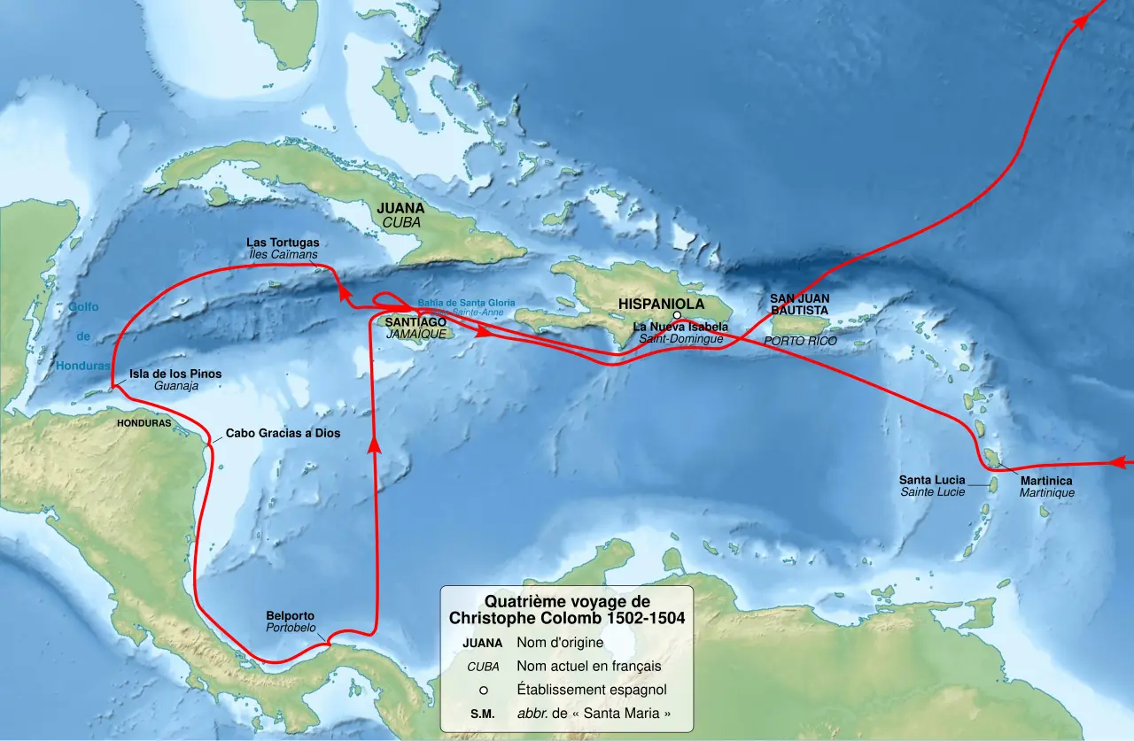 Map of Christopher Columbus's fourth voyage, 1502-1504 (French-language map).