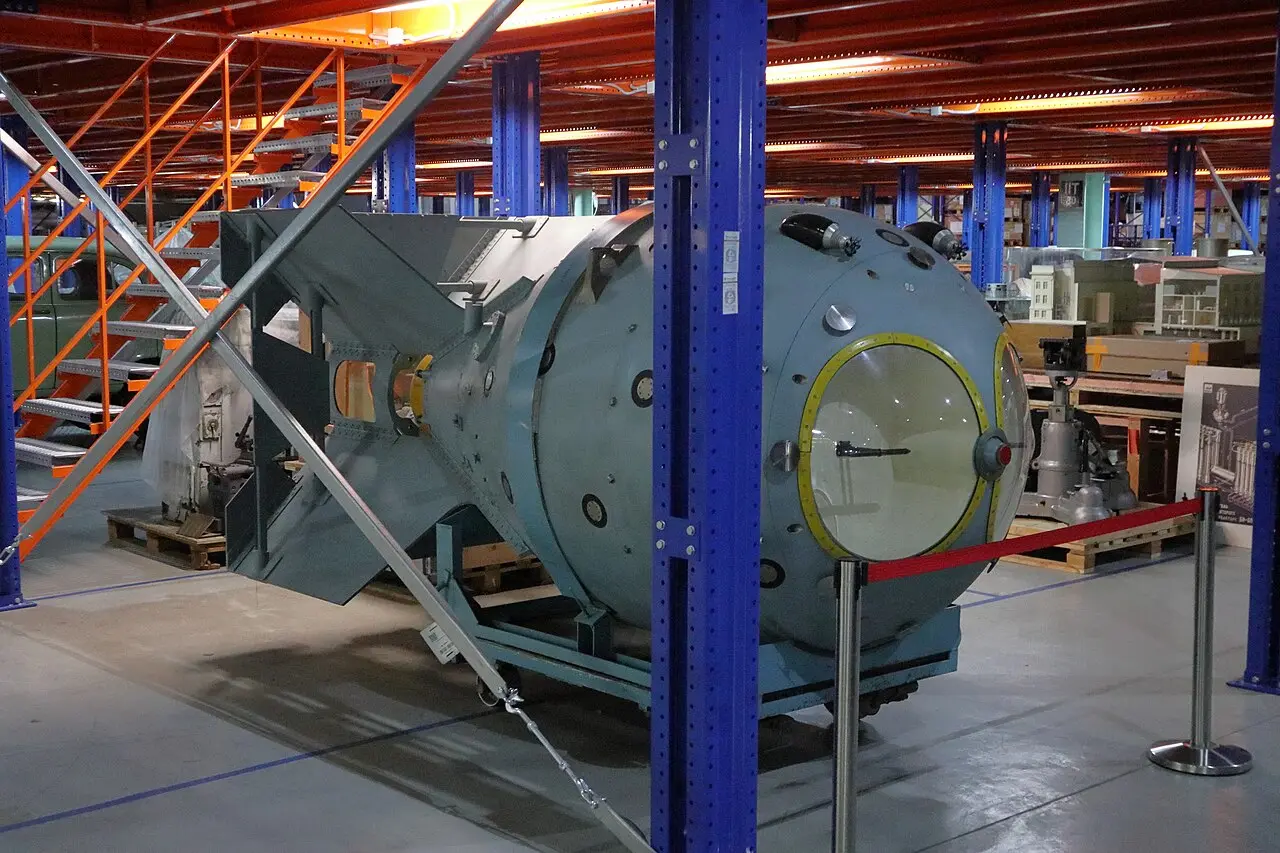 A museum replica of the RDS-1 casing, the Soviet Union's first atomic bomb, on display at the Polytechnical Museum (illustrative of the device detonated in 1949).