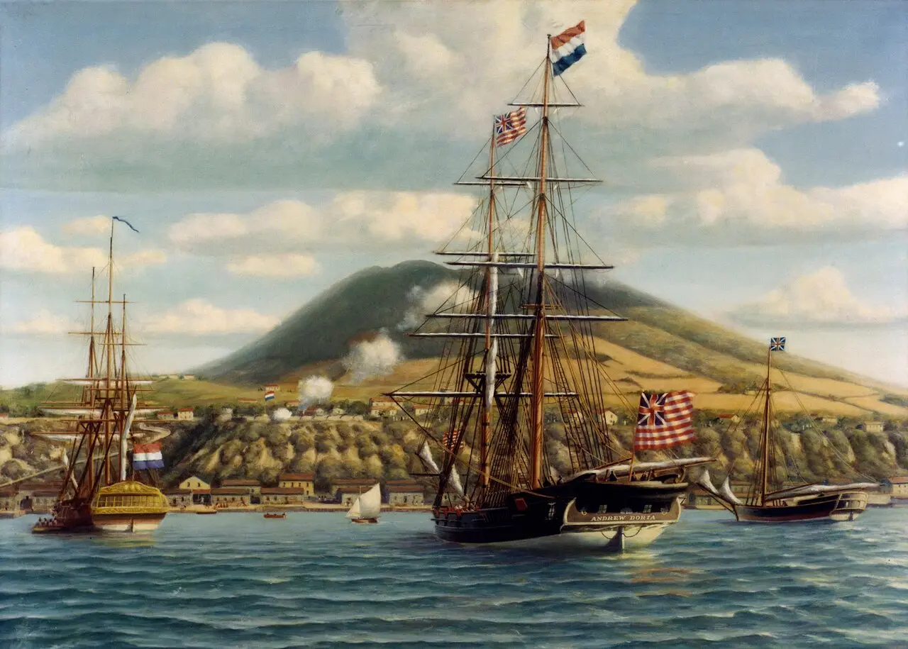 Painting of the Continental brig Andrew Doria at anchor off St. Eustatius in 1776, flying the Grand Union flag.