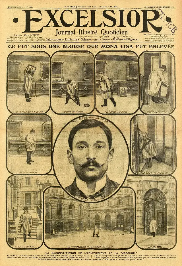 The December 1913 front page of the French newspaper Excelsior, showing a reenactment of Vincenzo Peruggia's theft of the Mona Lisa around his portrait.