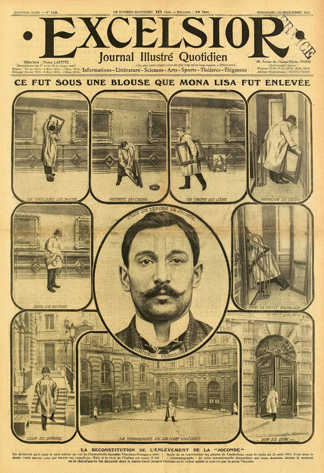 The December 1913 front page of the French newspaper Excelsior, showing a reenactment of Vincenzo Peruggia's theft of the Mona Lisa around his portrait.