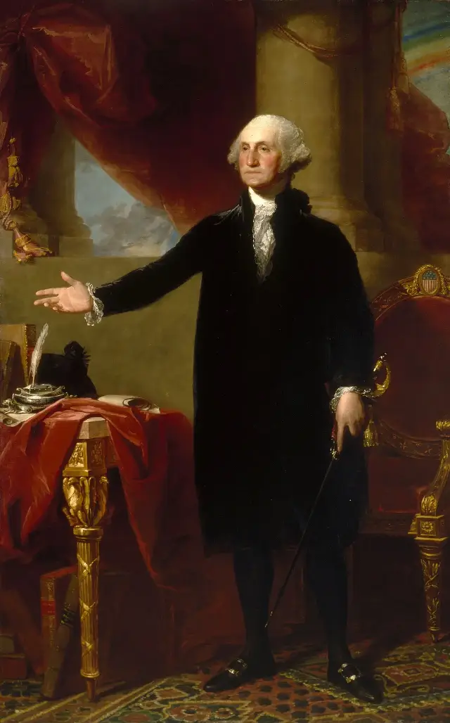 Gilbert Stuart's 1796 Lansdowne portrait of George Washington standing in a black suit