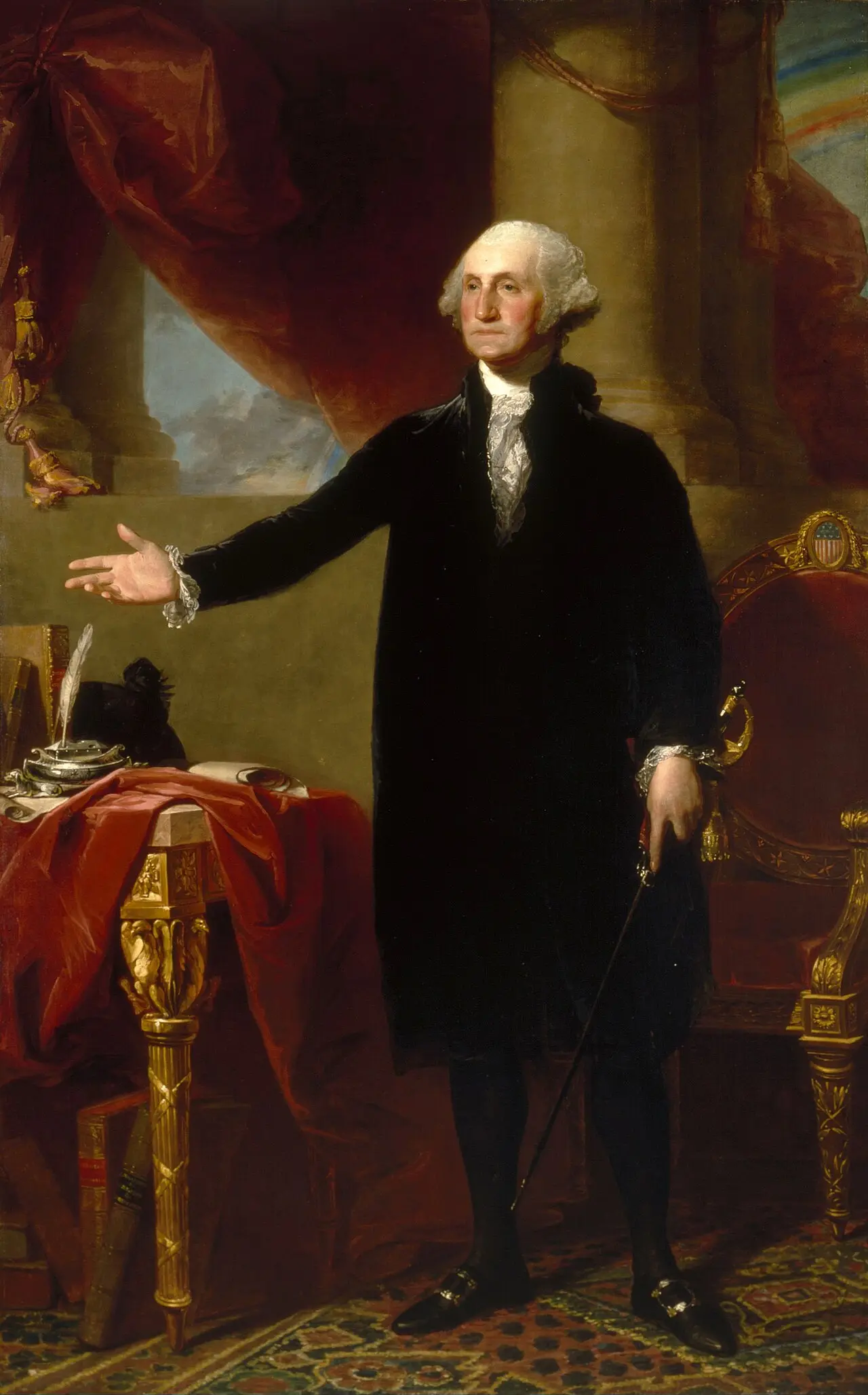 Gilbert Stuart's 1796 Lansdowne portrait of George Washington standing in a black suit