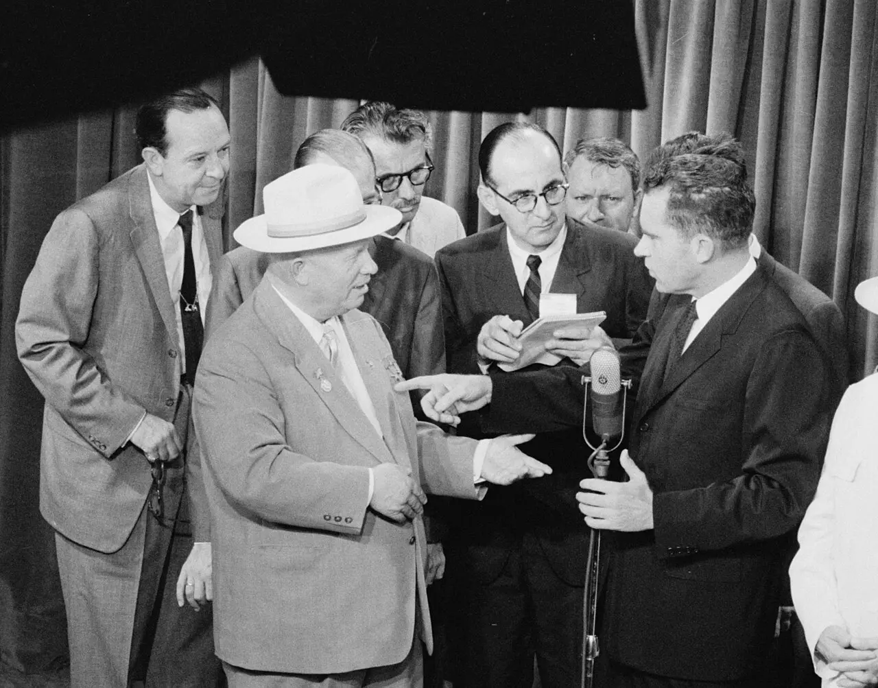 Richard Nixon and Nikita Khrushchev debate at the American National Exhibition in Moscow, July 1959.