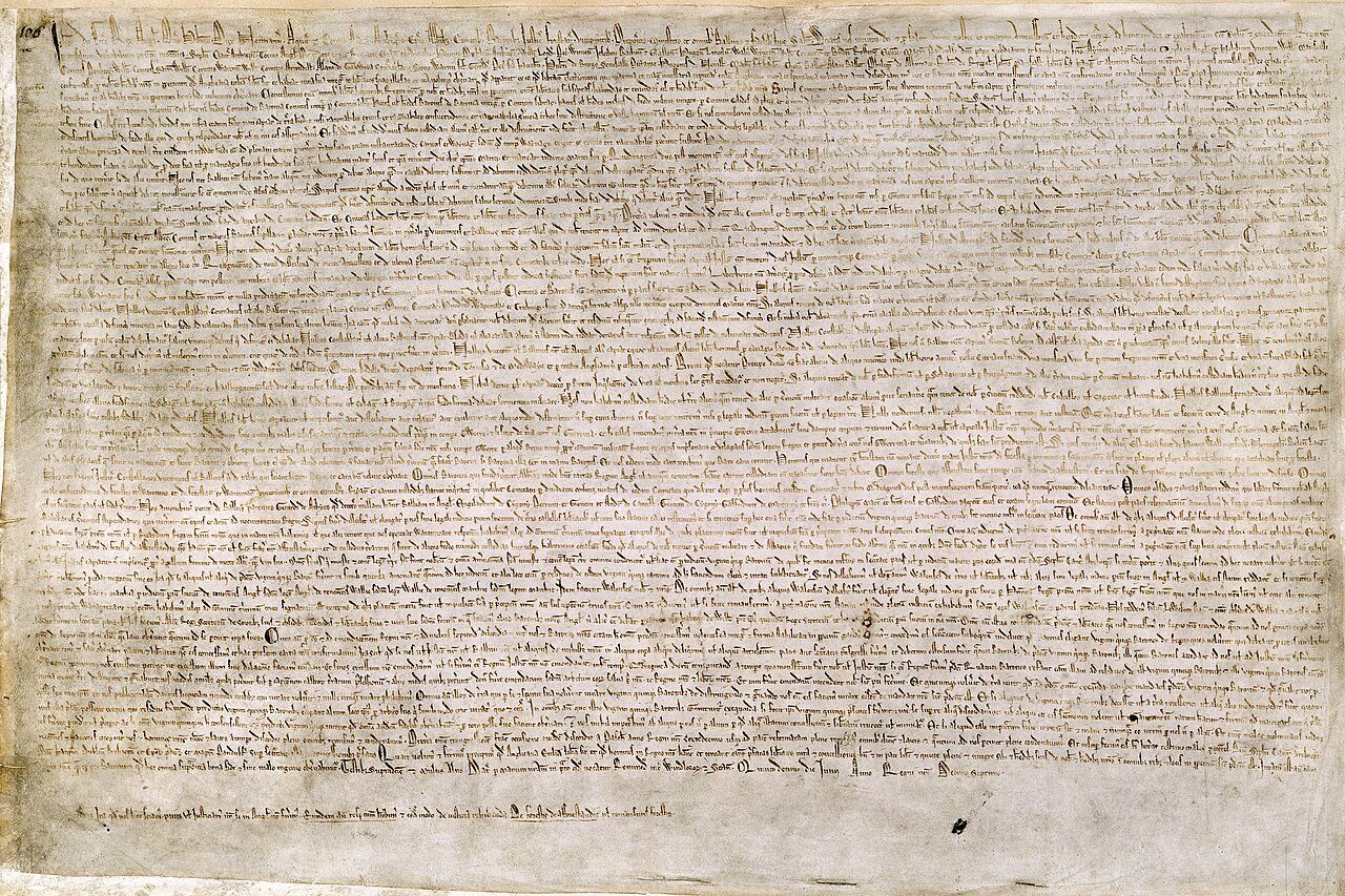 Photograph of the surviving 1215 Magna Carta manuscript held by the British Library (Cotton MS Augustus II.106), sealed by King John at Runnymede.