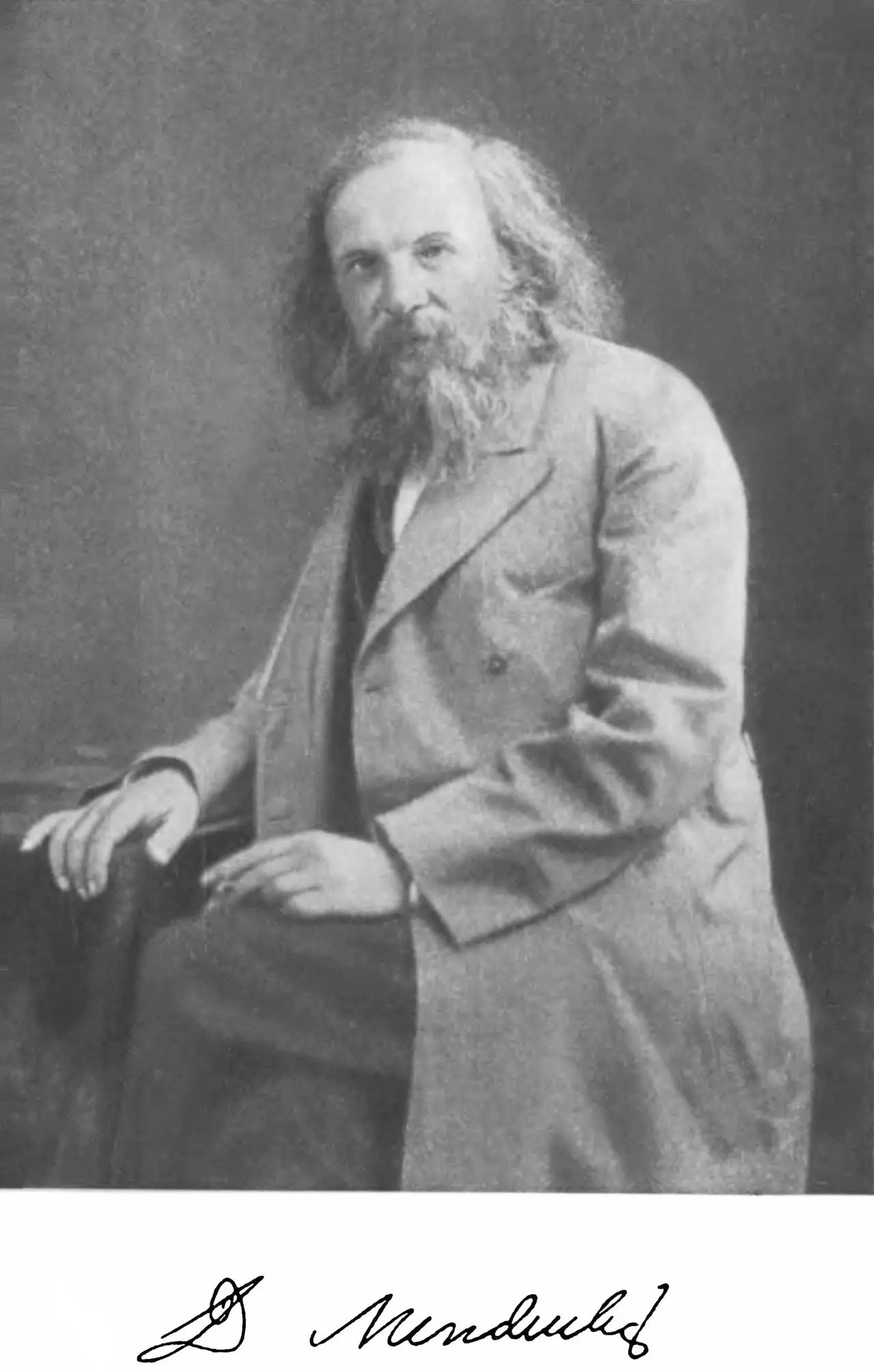 Portrait of Russian chemist Dmitri Mendeleev, with his signature below.