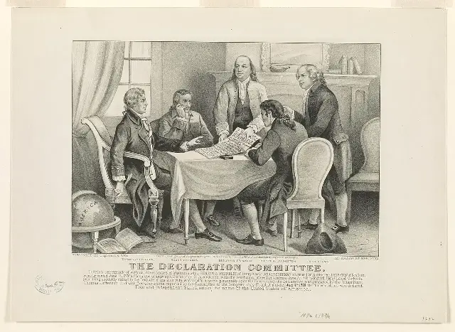 An 1876 Currier & Ives print imagining the Committee of Five drafting the Declaration of Independence.
