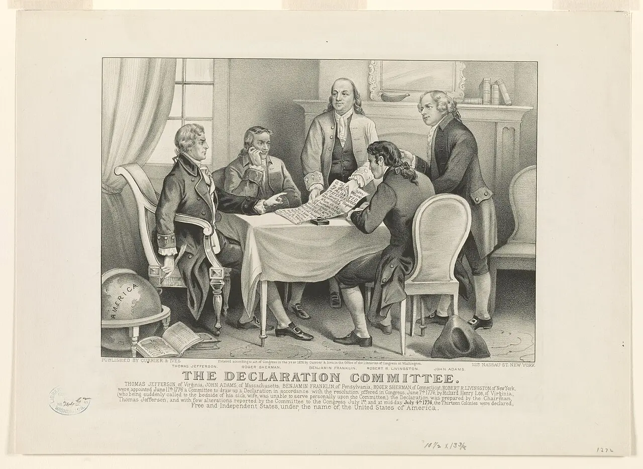 An 1876 Currier & Ives print imagining the Committee of Five drafting the Declaration of Independence.