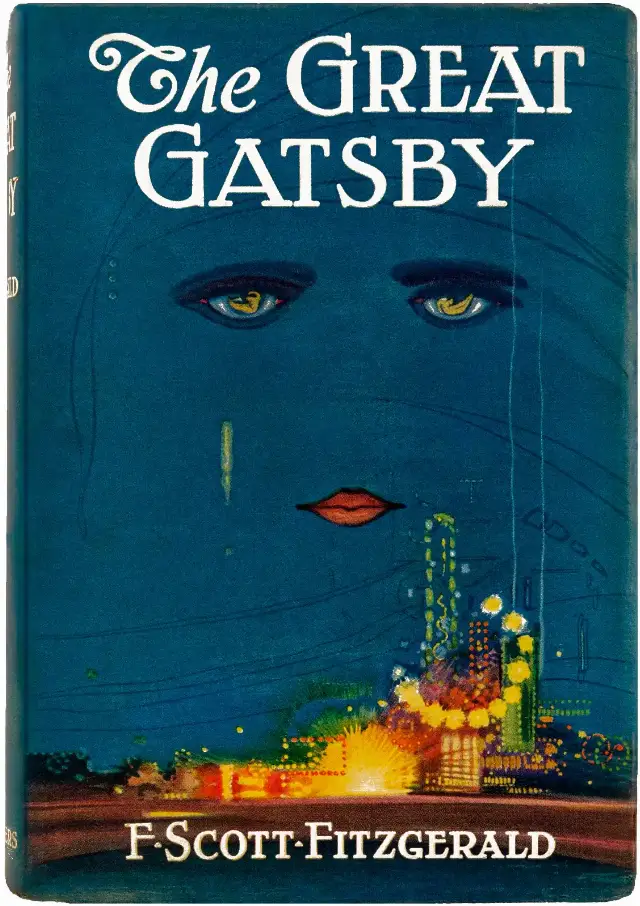 The original 1925 dust jacket of The Great Gatsby, with Francis Cugat's illustration of floating eyes and lips against a deep blue cityscape.