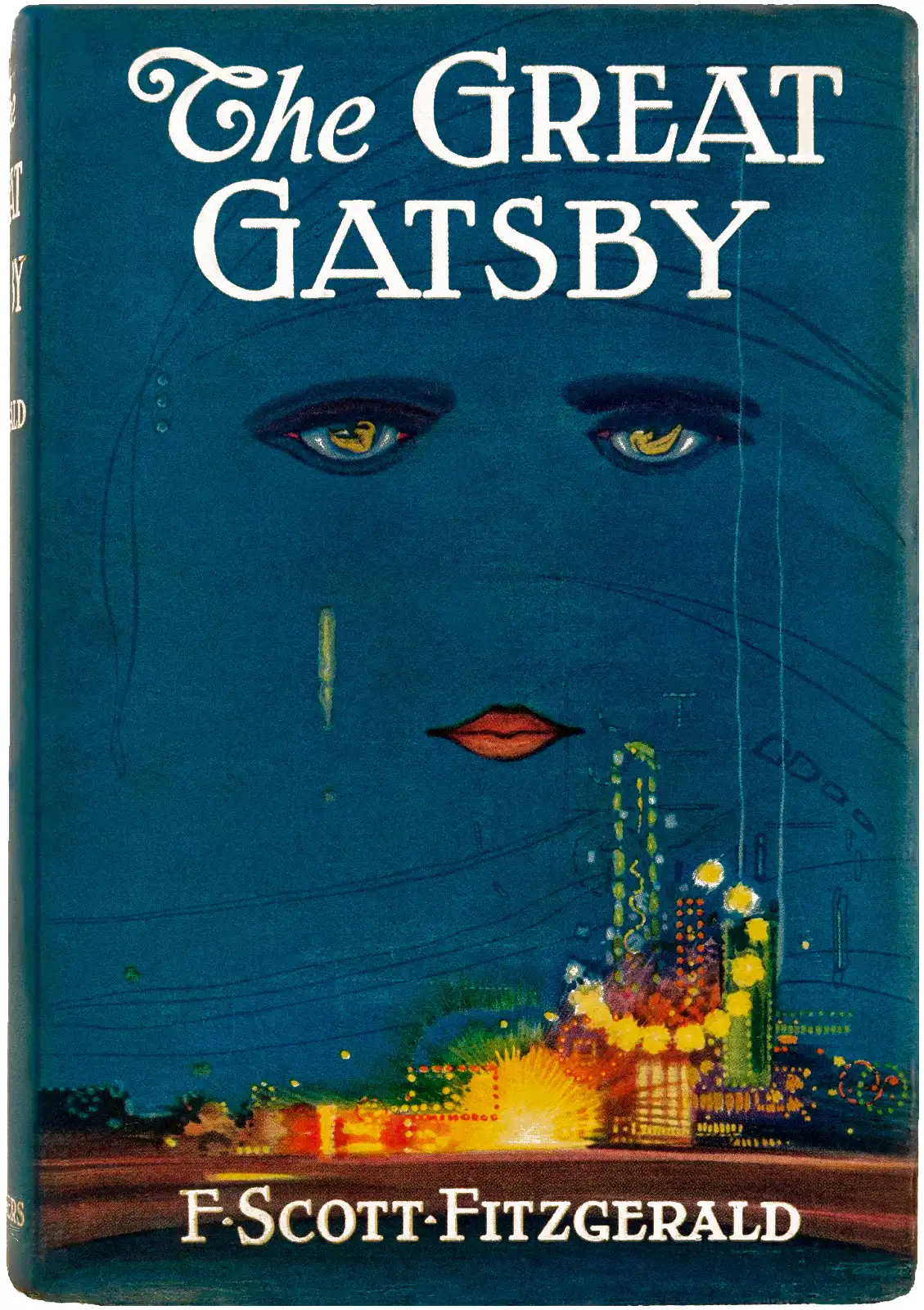 The original 1925 dust jacket of The Great Gatsby, with Francis Cugat's illustration of floating eyes and lips against a deep blue cityscape.