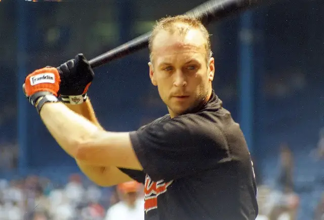 Cal Ripken Jr. taking batting practice in an Orioles uniform at Tiger Stadium in 1993.