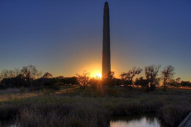 The San Jacinto Monument at sunset, standing on the Texas battlefield where Houston's Texians won independence in 1836.