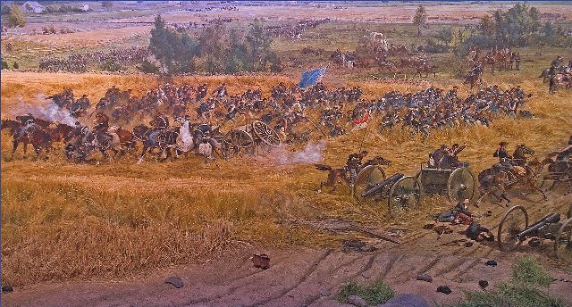 Detail of the Gettysburg Cyclorama painting showing Union troops advancing toward The Angle during Pickett's Charge on July 3, 1863