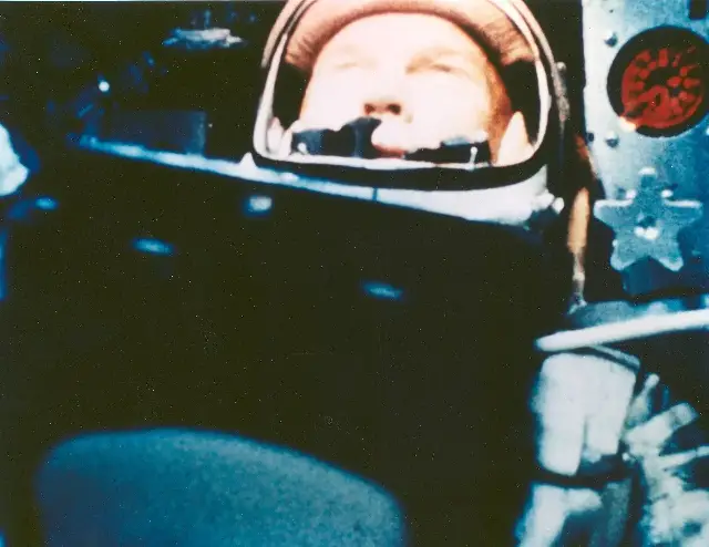John Glenn photographed inside the Friendship 7 capsule during his first orbital flight