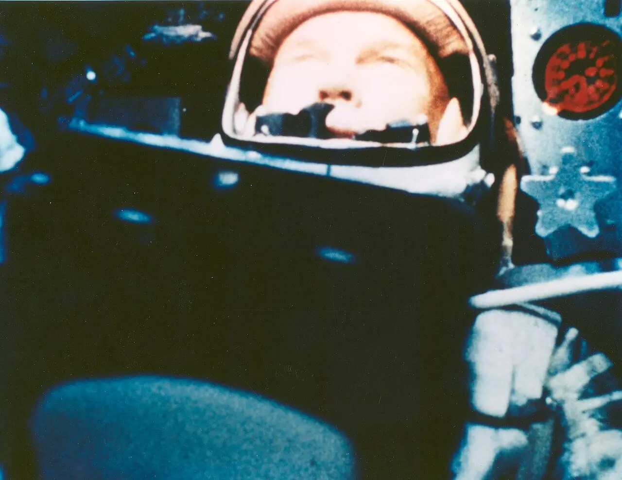 John Glenn photographed inside the Friendship 7 capsule during his first orbital flight