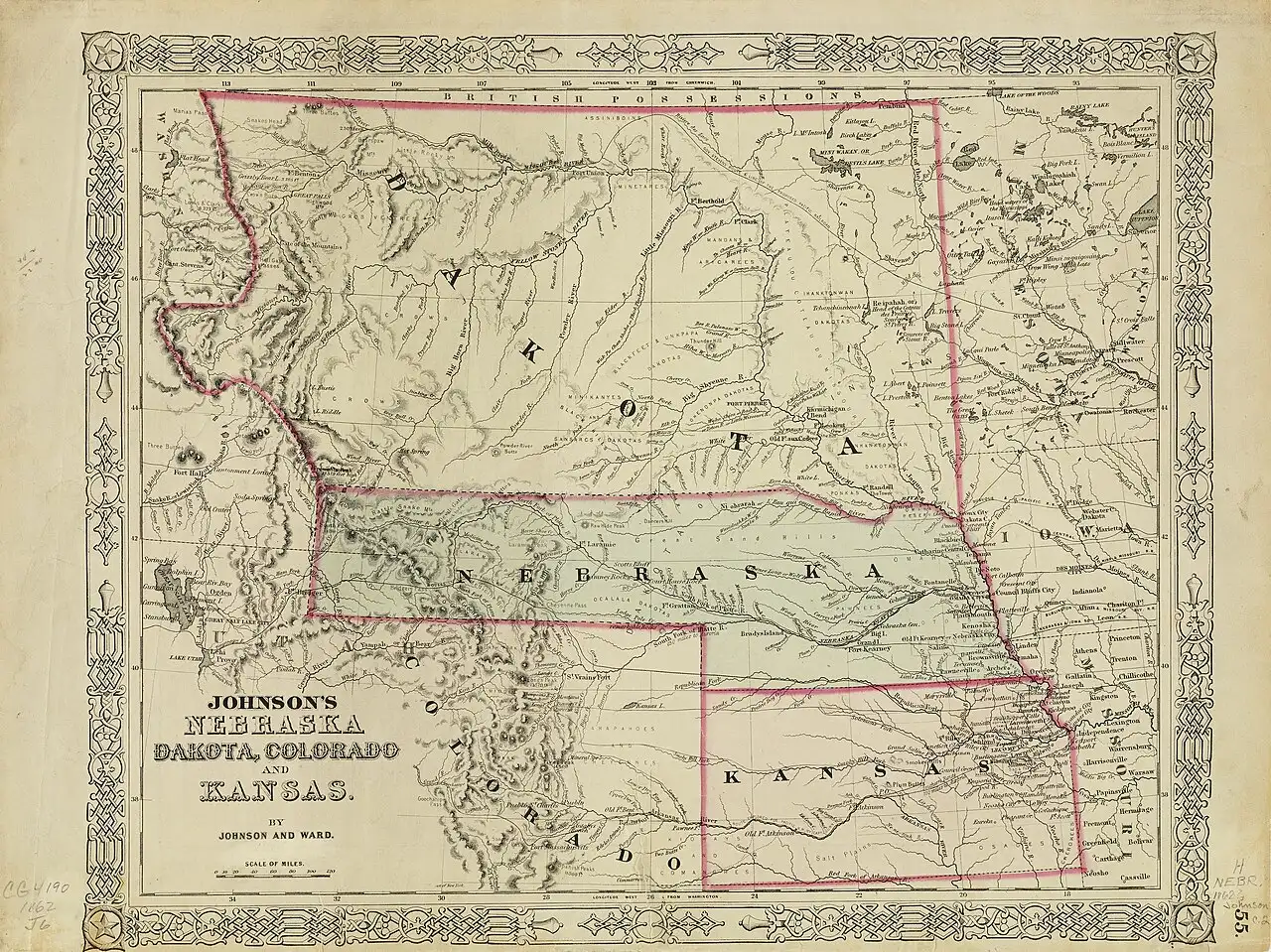 An 1862 Johnson atlas map showing the Dakota Territory spanning the northern plains, years before it was split into two states.
