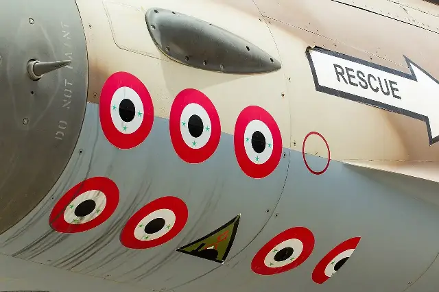 Close-up of kill markings painted on the fuselage of an Israeli Air Force F-16A Netz fighter jet, the aircraft type used in the 1981 Osirak raid, on display at the Israeli Air Force Museum.